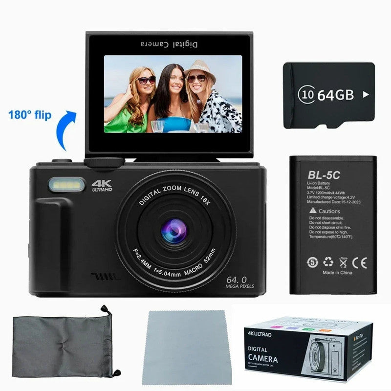 4K Digital Camera for Photography 64MP Vlogging Black