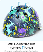 OutdoorMaster Youth & Kids Bike Helmet - Adjustable Multi-Sports Skateboard Helmet with Removable Liners for Balance Bike, Kids Scooter, One Wheel Hoverboard,Graffiti-style helmet-Dinoverse Madness-Large