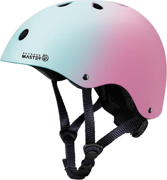 Outdoor Master Youth & Kids Bike Helmet - Adjustable Multi-Sports Skateboard Helmet with Removable Liners for Balance Bike, Toddler Scooter, One Wheel Hoverboard-Blue pink gradient-Small