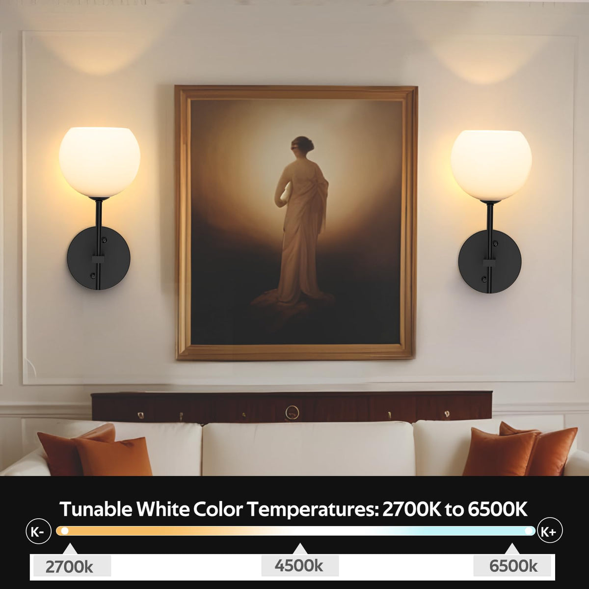 Wall Sconces Set of Two, Wireless Battery Operated Wall Decor with Remote, Sconces Wall Lighting with Glass Shade, Upward and Downward Installation, 12 RGB Colors and 3 CCT Options