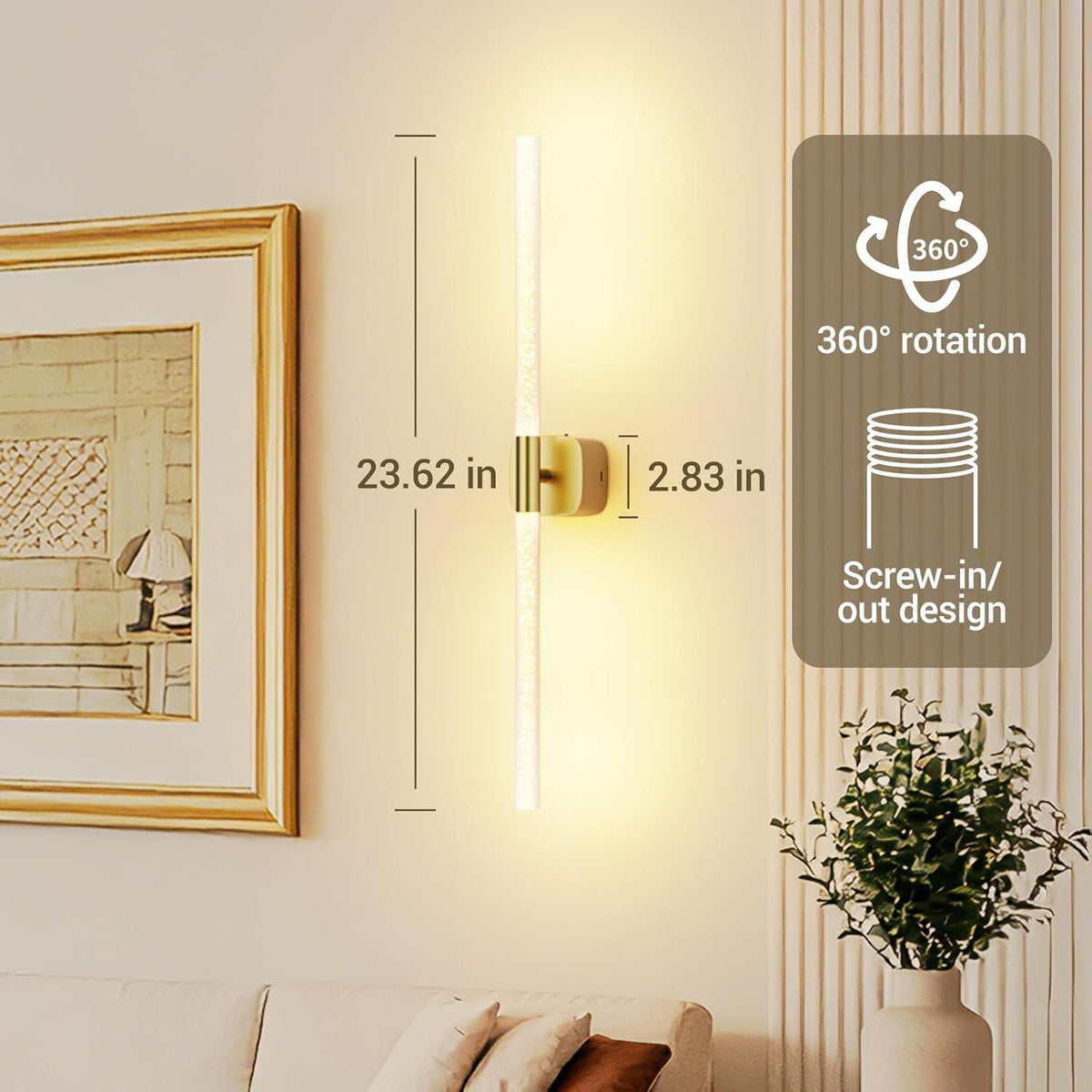Gold Battery Operated Wall Sconce Set of 2, Rechargeable Wireless Wall Lights with Remote and Touch, 360° Rotatable Sconces Wall Decor for Bedroom Living Room (23.62 Inch, 2-Pack)