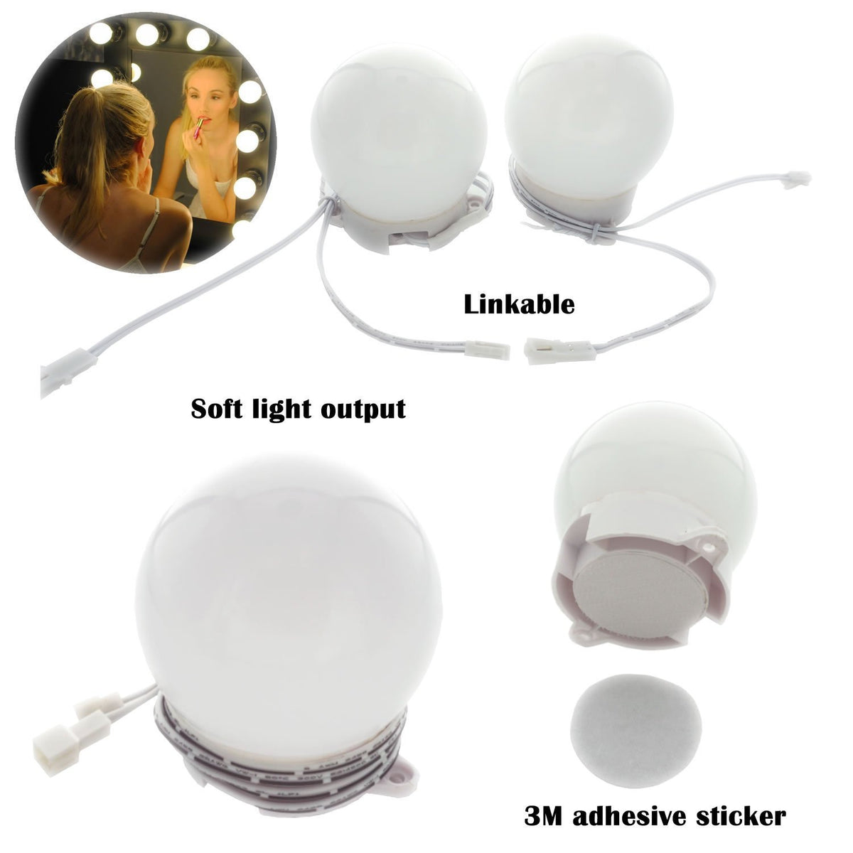 Hollywood Super Star Style Makeup Mirror Vanity LED Light Bulbs Kit for Dressing Table Dimmable & Plug in, Linkable and Flexible Strip, Mirror Not Included