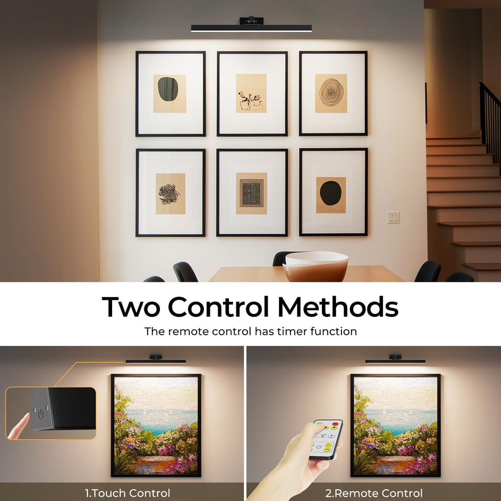 Wall Picture Light, 24in Battery-Powered Gallery Light for Artwork, CCT Dimmable Rechargeable Battery Wall Lamp with Remote Control for Living Room, Gallery, and Dartboard (Black)