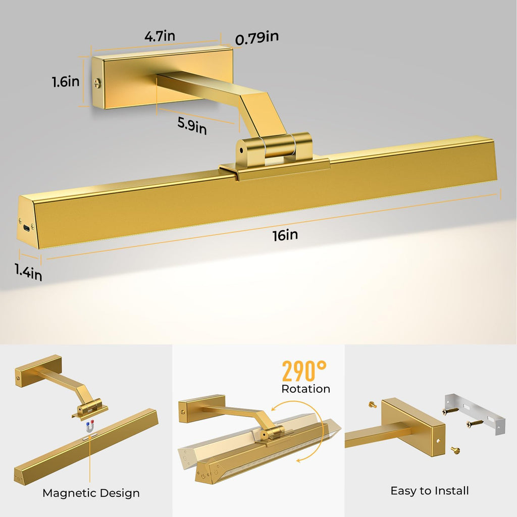 Picture Lights for Wall, Battery Operated Picture Light 16in Gallery Light for Paintings CCT Dimmable Gold