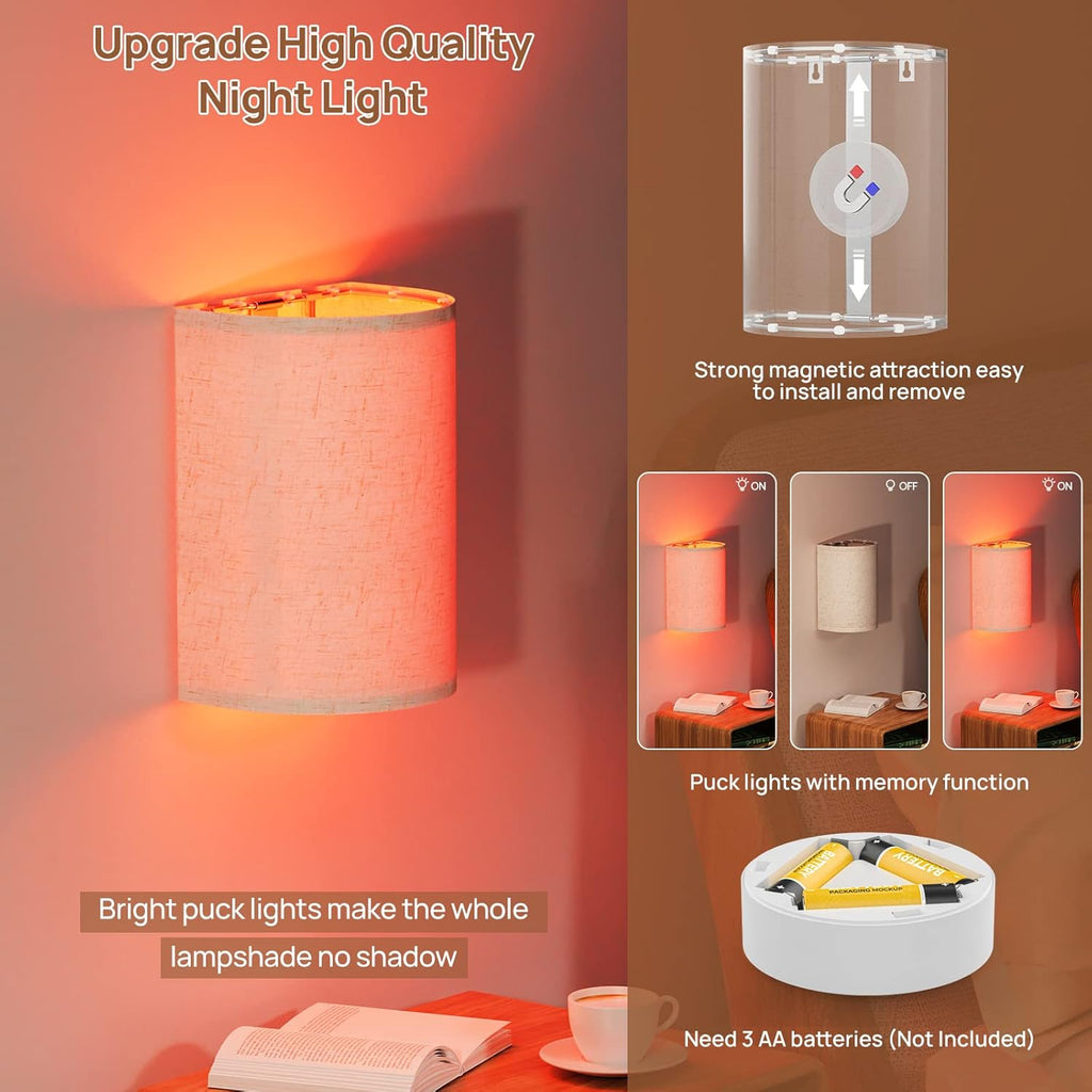 Battery Operated Wall Lights, 2 Pack Boho Decor with Remote Control, RGB Color Rustic Wall Sconces, Fabric Linen Shade Lighting
