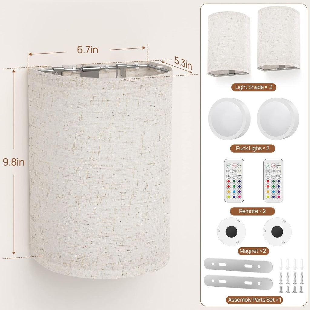 Battery Operated Wall Lights, 2 Pack Boho Decor with Remote Control, RGB Color Rustic Wall Sconces, Fabric Linen Shade Lighting