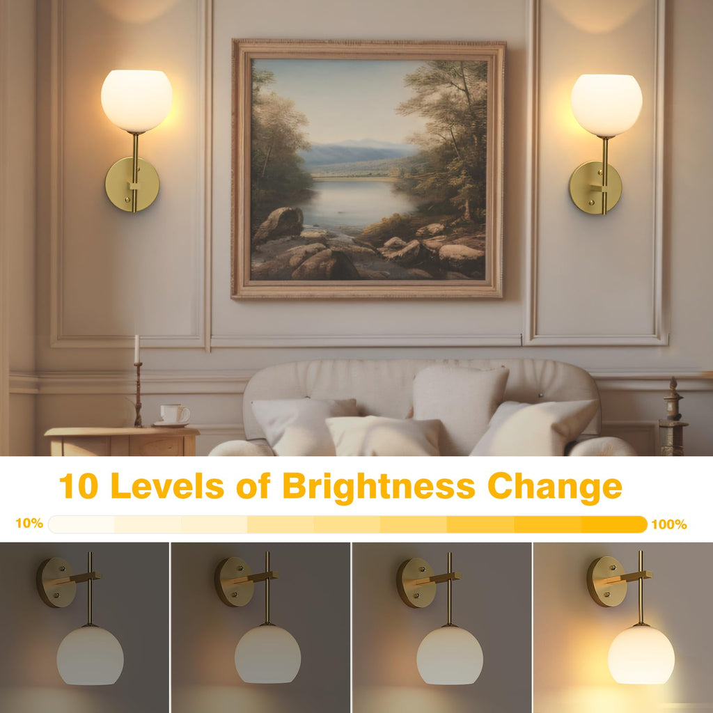 Rechargeable Wall Light Indoor,Battery Operated Wall Lamp with Remote,Indoor Wall Light with 3 Color Modes and RGB,Frosted Glass Wall Mounted Lamp for Living Room Bedrooms 2 Pack (Gold)