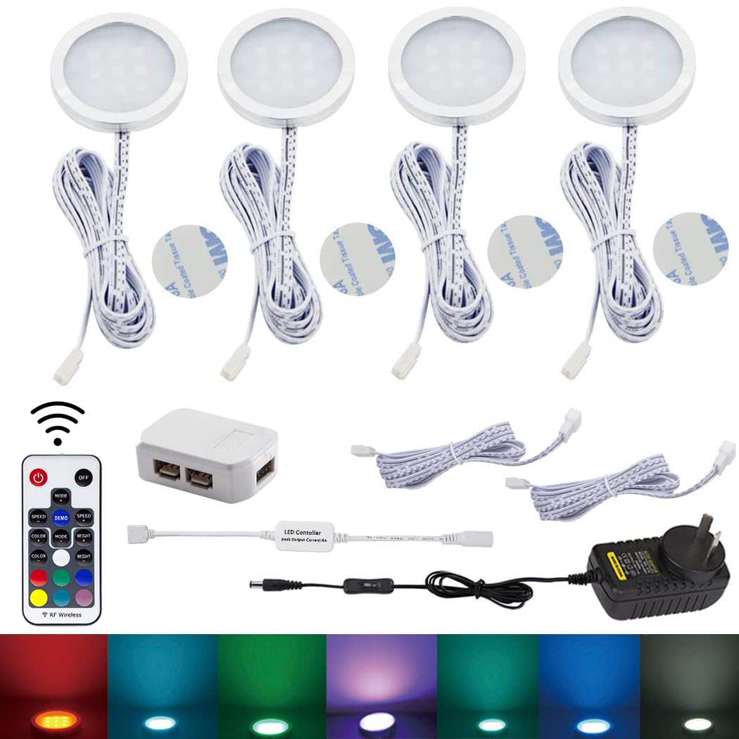 RGB Color Changing LED Under Cabinet Lighting Kit 4 Packs Aluminum Slim Cabinet LED Puck Lights for Kitchen Counter Wardrobe Counter Furniture Shelf Ambiance Christmas Xmas Decoration Lighting