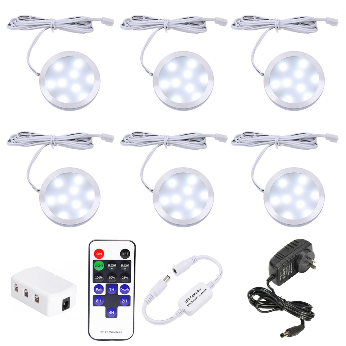 Dimmable LED Under Cabinet Lighting, Counter Showcase Kitchen Lighting Fixtures with 12V Plug in Adapter and Dimmable Wireless Remote Control, 6 Ultra Slim Puck Lights Kit (Daylight White)