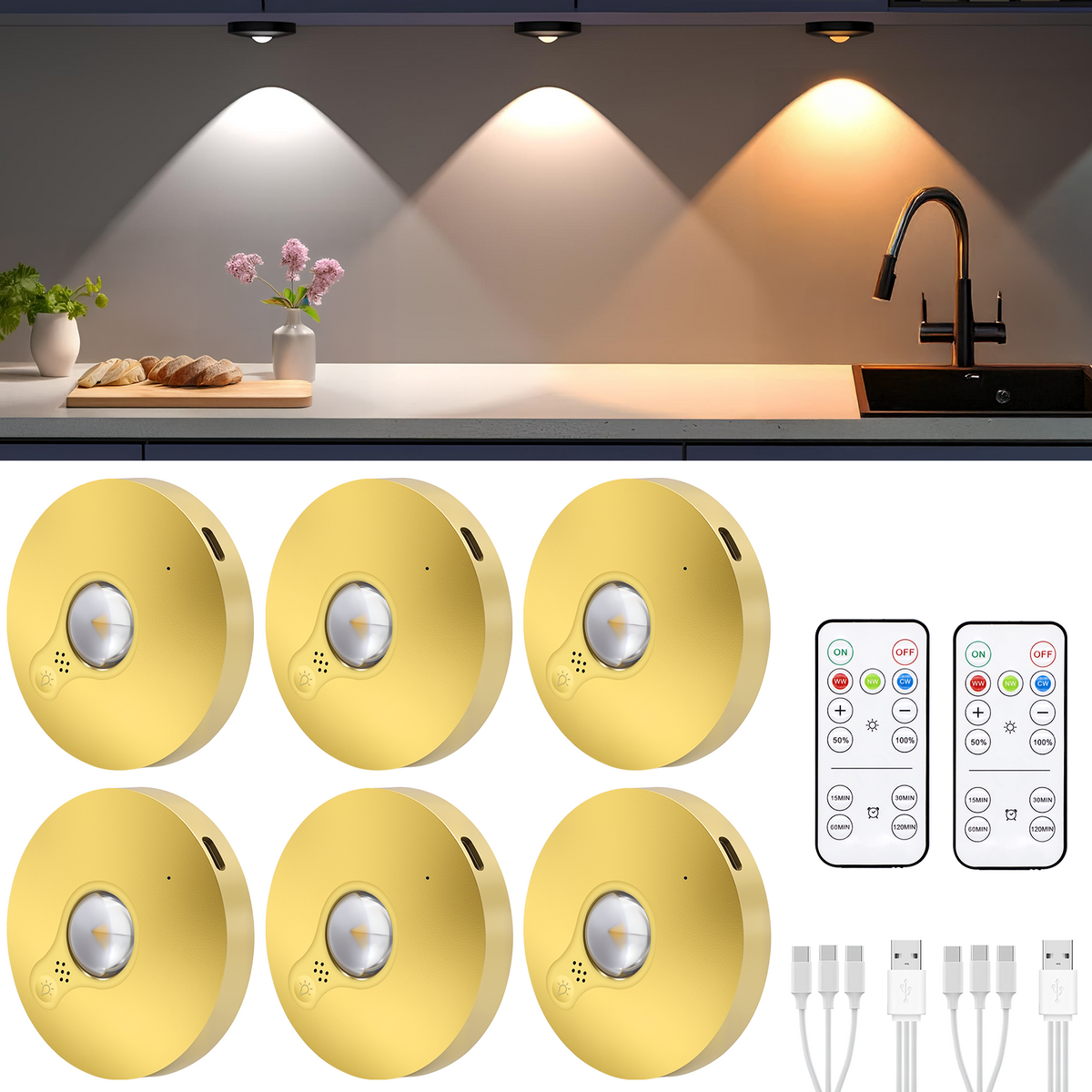 6 Lights LED Rechargeable Slim Cabinet Light, 2cm, Remote Control, Magnetic Mount