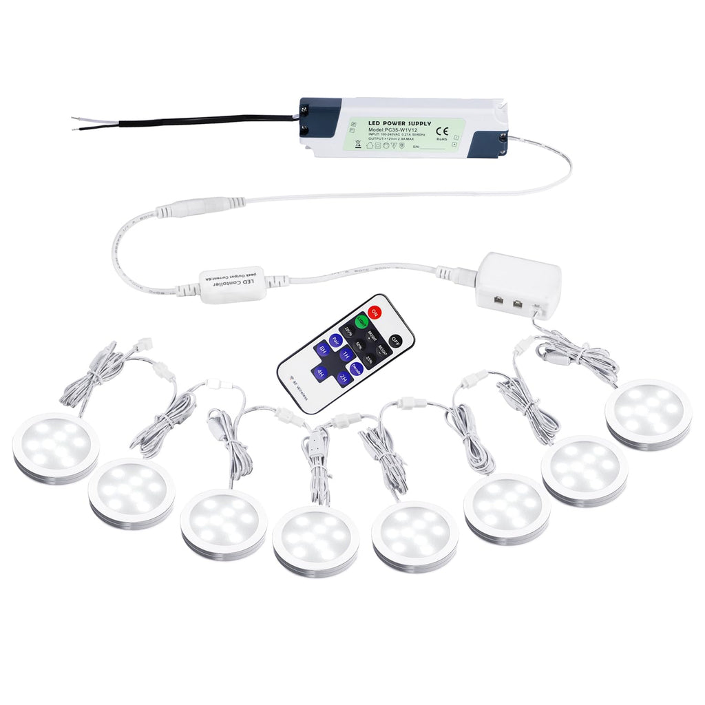 Linkable Under Cabinet LED Lighting 12V Slim Aluminum Dimmable Puck Lights Direct Wired with RF Remote Control for Kitchen Lighting(8pack Daylight White)