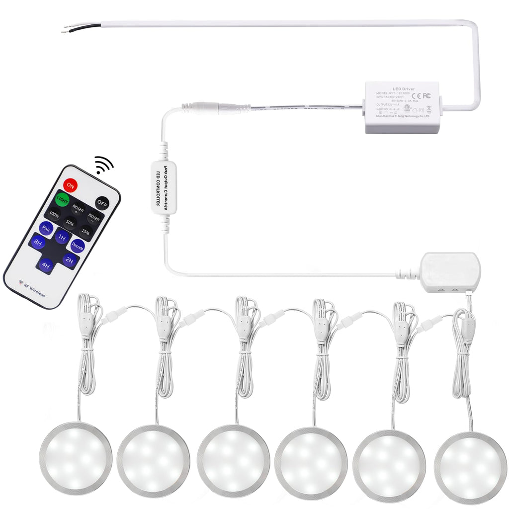 Linkable Under Cabinet LED Lighting 12V Slim Aluminum Dimmable Puck Lights Direct Wired with RF Remote Control for Kitchen Lighting(6pack,Daylight White)