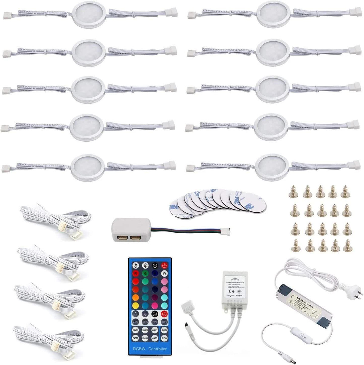 Under Counter LED Light Kit, RGBWW Under Cabinet Lighting, 10 Packs Colored Cabinet Lights with Wireless 40-Key IR Dimmable Remote Control (10 Lights)