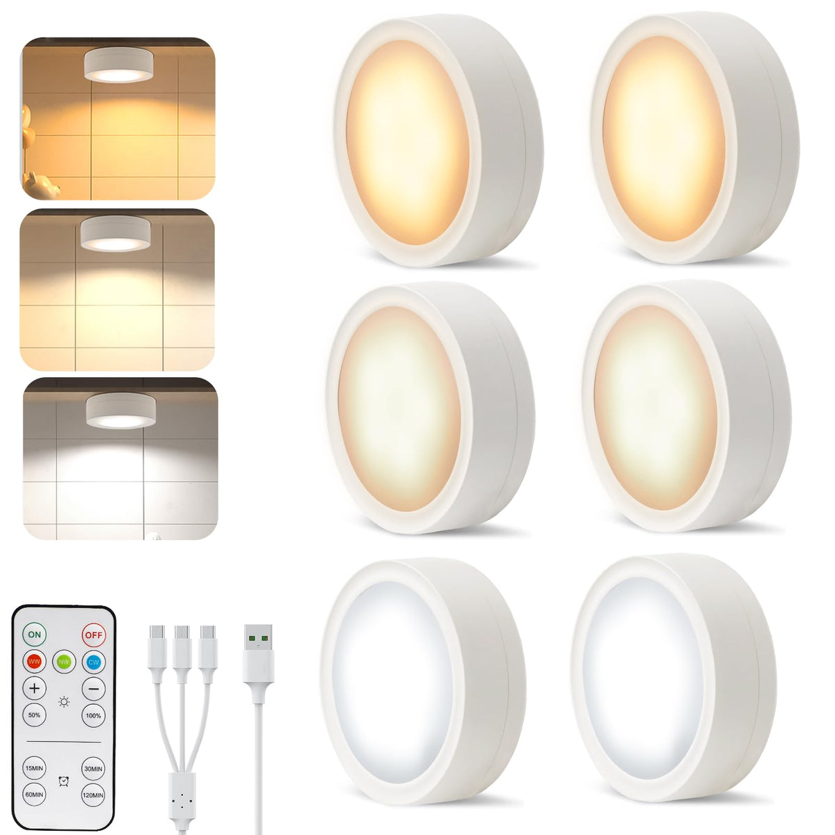 Pack of 6 Under-Unit Lights Kitchen LED Cabinet Lighting Wireless with Remote Control Cabinet Lighting Rechargeable Battery Dimmable Under Cabinet Light for Showcases, Wine Cabinet