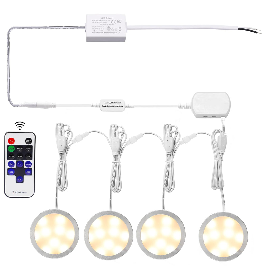 Linkable Under Cabinet LED Lighting 12V Dimmable Puck Lights Hardwired with Wireless RF Remote Control for Kitchen Mood Lighting(4 Lights, Warm White)