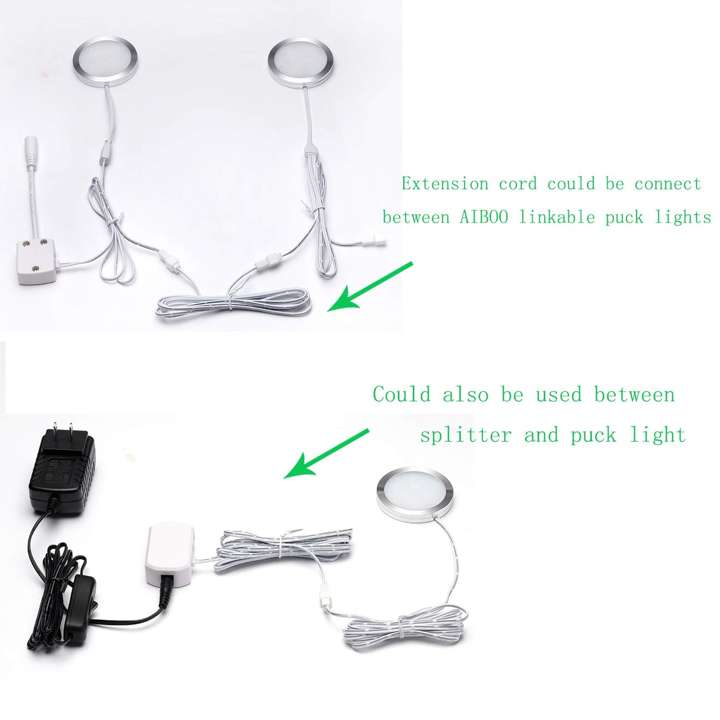 Extension Cables 9.84FT LED Under Cabinet Puck Lighting, 2-Pin Male and Female Cable Connector Extension Cords for Led Puck Lights with White Cords (6 Pack) 2-PIN ONLY
