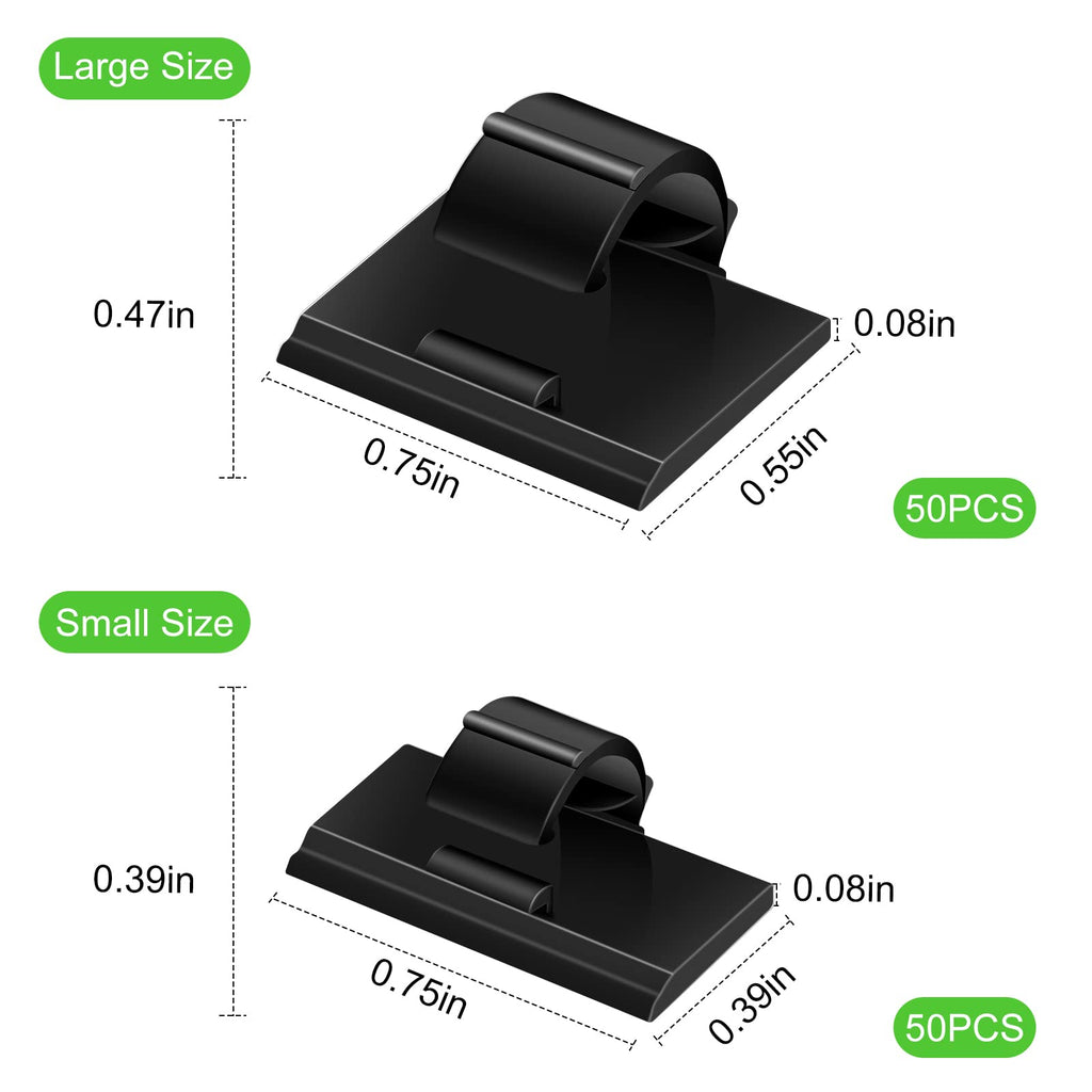 100PCS Cable Clips Black, AIBOO Upgraded Wire Clips Adhesive with 50PCS Small Size & 50PCS Large Size Cable Straps, Mini Cable Wire Management for Handling Under Cabinet Lighting with Cords