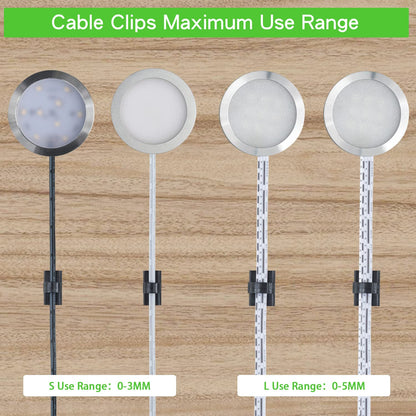 100PCS Cable Clips Black, AIBOO Upgraded Wire Clips Adhesive with 50PCS Small Size & 50PCS Large Size Cable Straps, Mini Cable Wire Management for Handling Under Cabinet Lighting with Cords