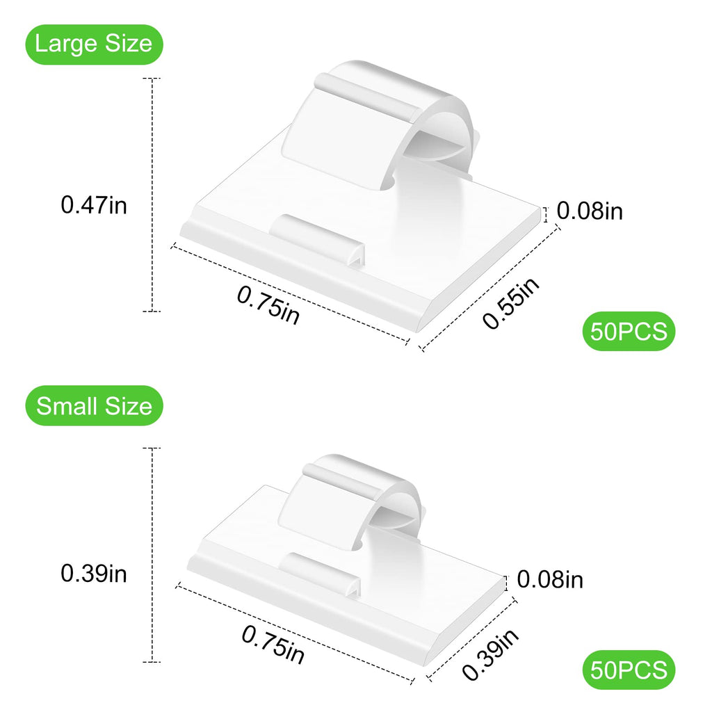 100PCS Cable Clips White, AIBOO Upgraded Wire Clips Adhesive with 50PCS Small Size & 50PCS Large Size Cable Straps, Mini Cable Wire Management for Handling Under Cabinet Lighting with Cords