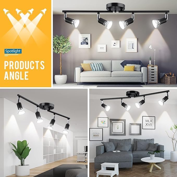 Kitchen Lights,Ceiling Lighting Kits, Swivelling Ceiling Spotlight for Bedroom, Kitchen and Living Room(GU10 LED Bulbs not Included) (4 Way Black)