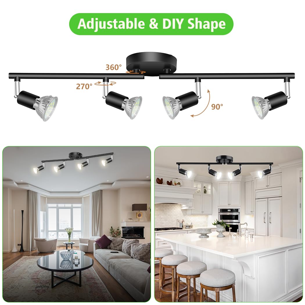 LED Ceiling Light,4 Way Rotatable Spot Lights for Ceiling,Flexible Ceiling Lights for Bedroom,Living Room, Black with Protectiv Bulb Trims(Gu10 Bulbs Not Included)