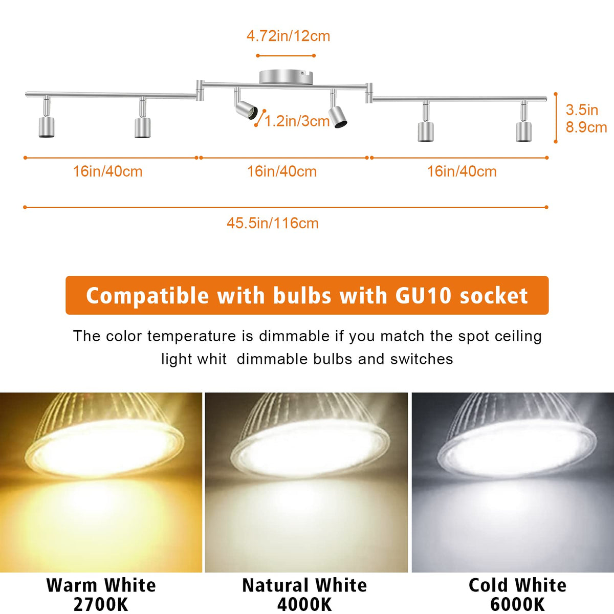LED Ceiling Light 6 Way Rotatable Spot Lights for Ceiling,Flexible Ceiling Lights for Bedroom,Living Room,Nickel with Protectiv Bulb Trims(Gu10 Bulbs Not Included)