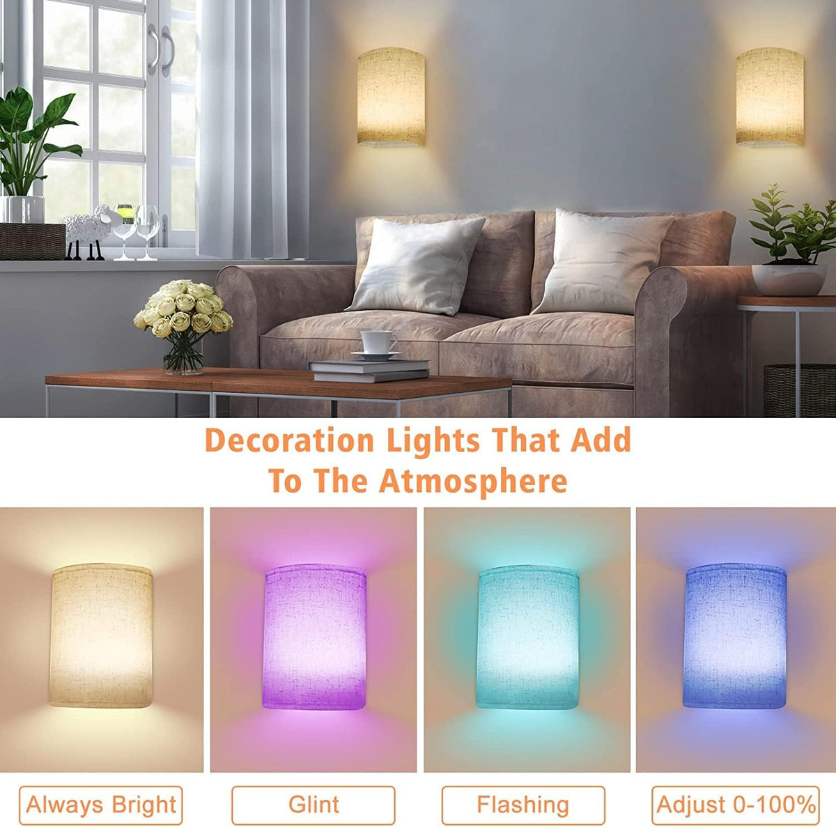 Battery Operated Wall Lights Indoor with Remote, Wireless LED Wall Lights with Fabric Shade, 12 Colors + Day White Changeable Dimmable Wall Lamp for Living Room Bedroom Hallway