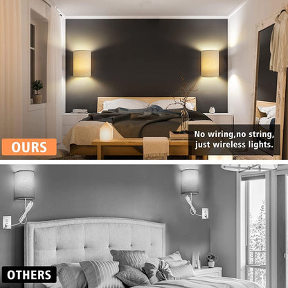Battery Operated Wall Lights Indoor with Remote, Wireless LED Wall Lights with Fabric Shade, 12 Colors + Day White Changeable Dimmable Wall Lamp for Living Room Bedroom Hallway