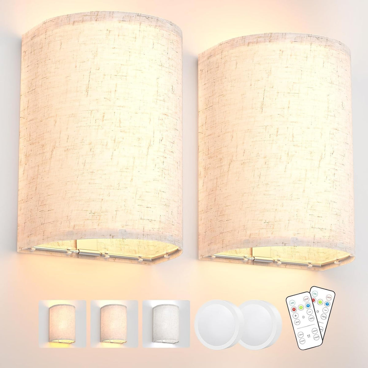 Battery Operated Wall Lights,2 Pack Wall Light Decor with Remote Control,3 Colors Dimmable Fabric Shade Wall Lamps,Wireless Sconce Wall Lights for Farmhouse Sconces Wall Lighting 2700K-6000K