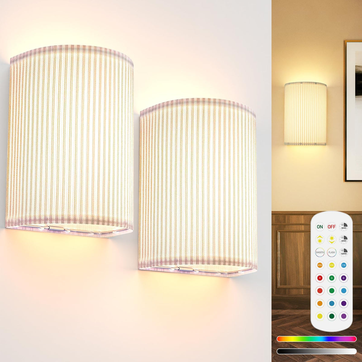 Battery Operated Wall Sconces Set of 2, 5000mAh Rechargeable RGB Wall Lamp with Remote, 3 Colors 10 Levels Brightness Wireless Sconces Wall Decor Set of 2 with Timer for Bedroom Living Room