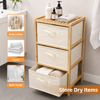 3 Drawer Bamboo Storage Chest Fabric Drawers Multi-Purpose Organiser for Bedroom Bathroom Laundry