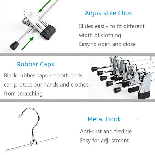 40cm Chrome Iron Clothes Hangers with Non-Slip Clips, 10-Pack Metal Trouser Hangers for Pants Shorts Skirt Socks Underwear, Silver