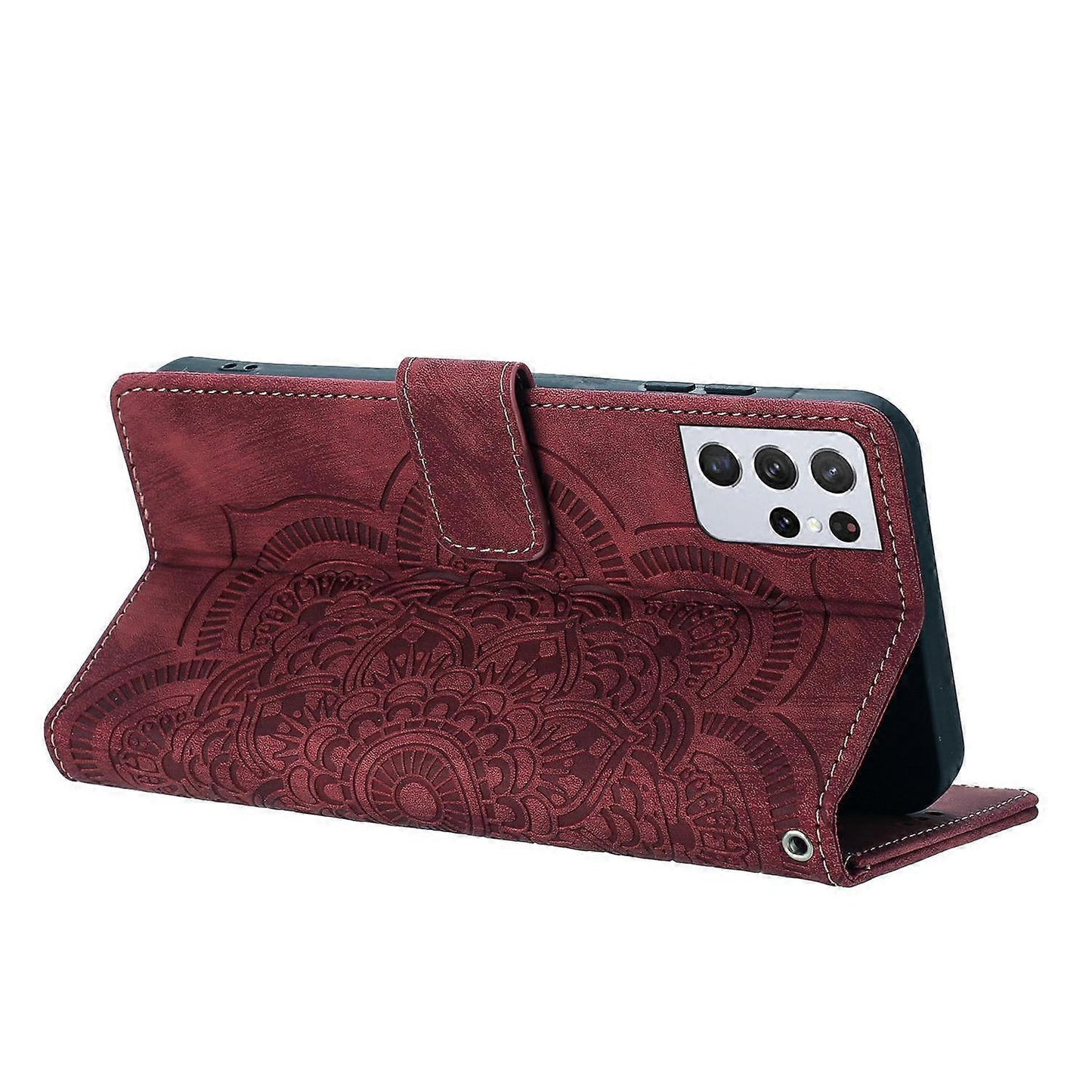 Compatible with Samsung Galaxy S21 Ultra 5G Case Red Mandala Embossed Retro Frosted Leather Phone Cover
