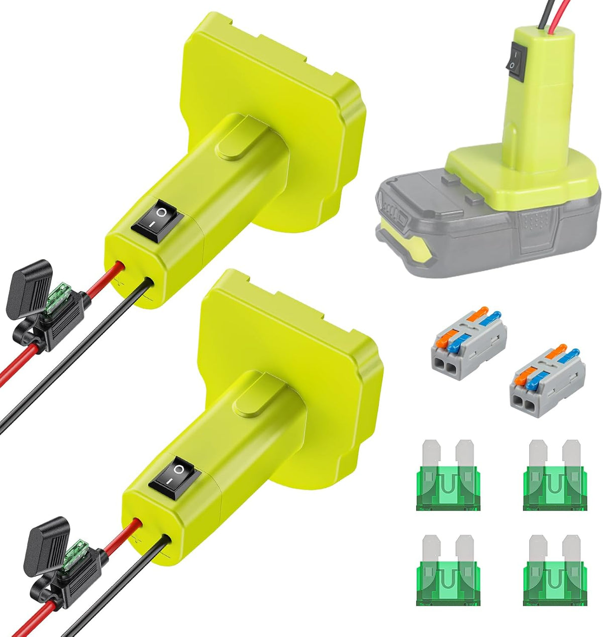2 Pack Power Wheel Adapter for Ryobi 18 V Battery with Switch, DC Power Adapter, Battery Conversion with Fuse Switch 12 AWG Wires & Wire Terminal