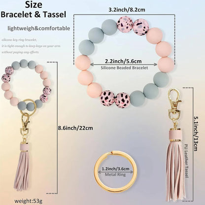 Key Ring Bracelet Car Keychain Holder Wristlet Silicone Women Beaded Bangle Chains