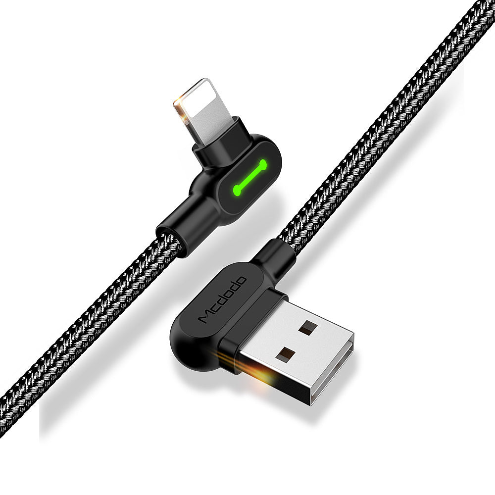 Compatible with Apple McDodo CA-4673 Angled Lightning Cable 1.8m 2A Fast Charging with LED iPhone iPad Black