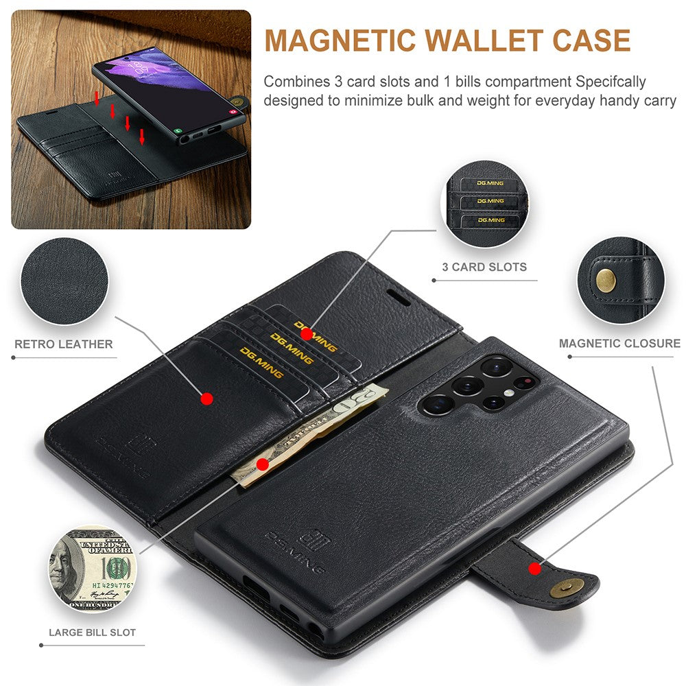 DG.MING Magnetic Wallet Case Compatible withSamsung Galaxy S22 Ultra Black 2-in-1