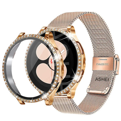 Stainless Steel Bracelet Compatible withSamsung Galaxy Watch 4 5 6 40mm 44mm Mesh Loop Bling Case Gold Set