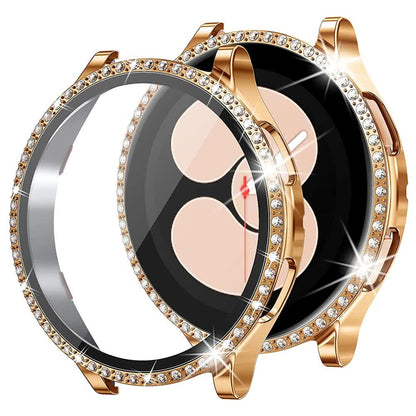 Stainless Steel Bracelet Compatible withSamsung Galaxy Watch 4 5 6 40mm 44mm Mesh Loop Bling Case Gold Set