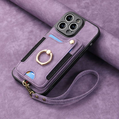 Leather RFID Anti-Theft Phone Case with Strap Compatible with iPhone 15 Pro Max Black Card Holder Loop Buckle