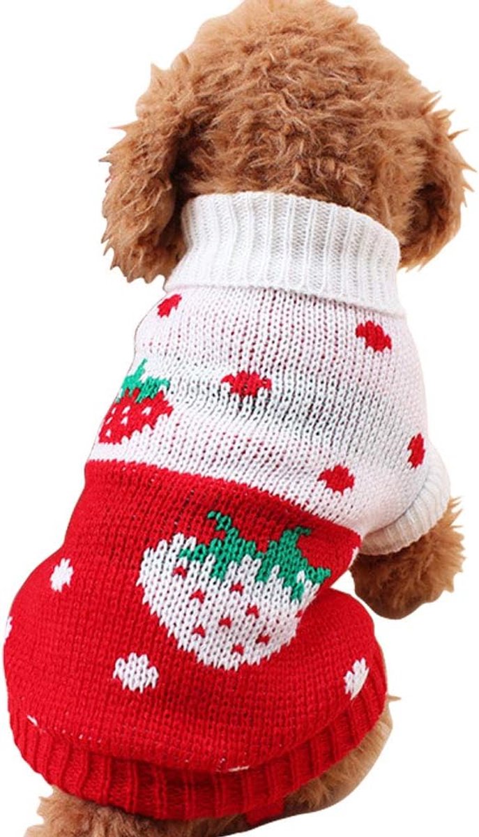 Dog Coat - Dog Sweater - Classic Turtleneck Knit Dog Sweater - Warm Winter Dog Clothes - Cute Strawberry Heart Pattern - Perfect for Small and Medium Dogs - Red - Size S
