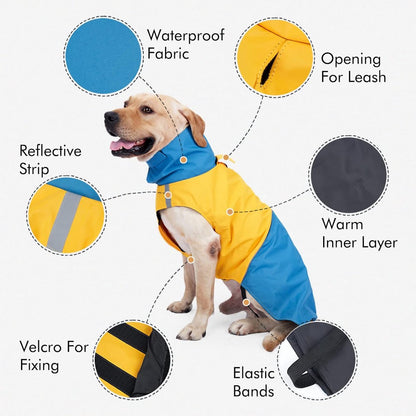 Dog Raincoat - Dog Jacket - Waterproof Winter Dog Jackets - Windproof Dog Jacket - Winter Dog Jacket - Reflective Strip - Perfect for Small Dogs - Medium-Sized Dogs - Blue and Yellow - Size XXL