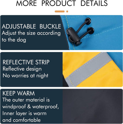 Dog Raincoat - Dog Jacket - Waterproof Winter Dog Jackets - Windproof Dog Jacket - Winter Dog Jacket - Reflective Strip - Perfect for Small Dogs - Medium-Sized Dogs - Blue and Black - Size XXL