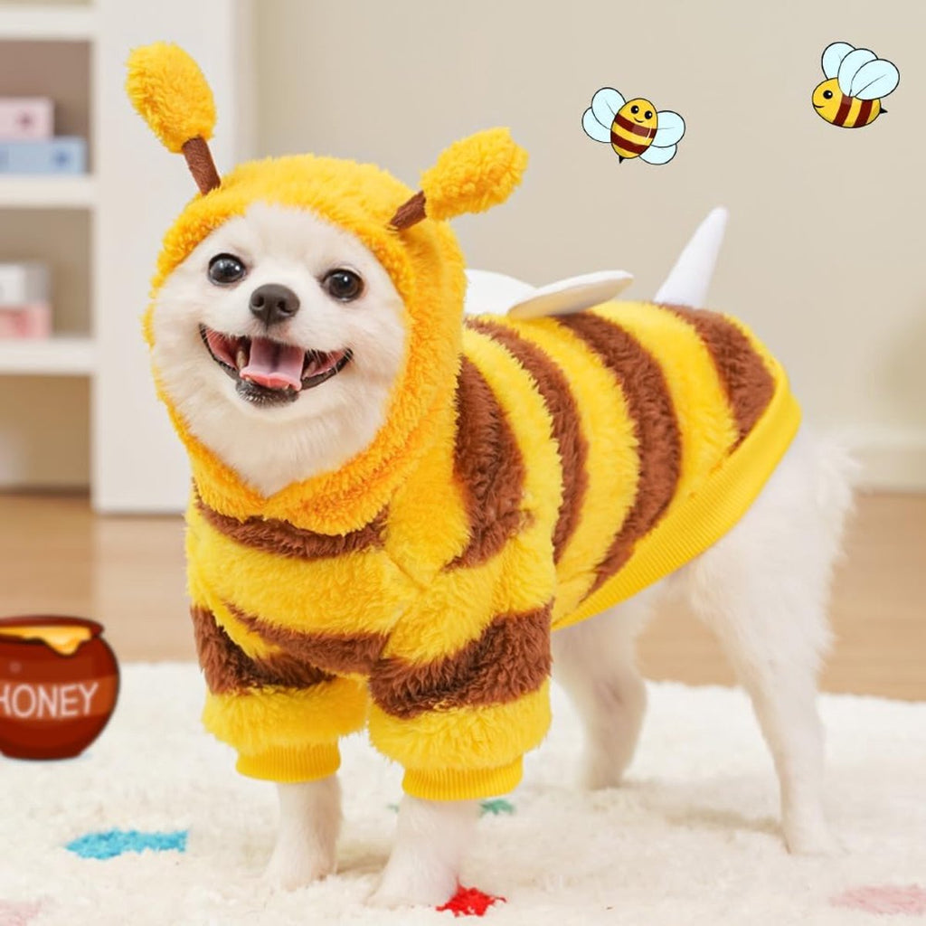 Dog Coat - Fleece Hoodie - Autumn and Winter Dog Clothes - Bumblebee Dog Costume - Cold Weather Coat - Fun Bee Dog Costume - Perfect for Christmas and Halloween - Yellow - Medium M