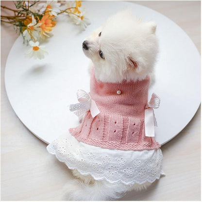 Dog Coat - Dog Sweater - Sweater Dress for Small Dogs - Female Dress with Bow - Pink and Blue Warm for Winter - Princess Lace - Birthdays - Valentine's Day - Pink Medium - Christmas Decorations - Christmas - Size XL