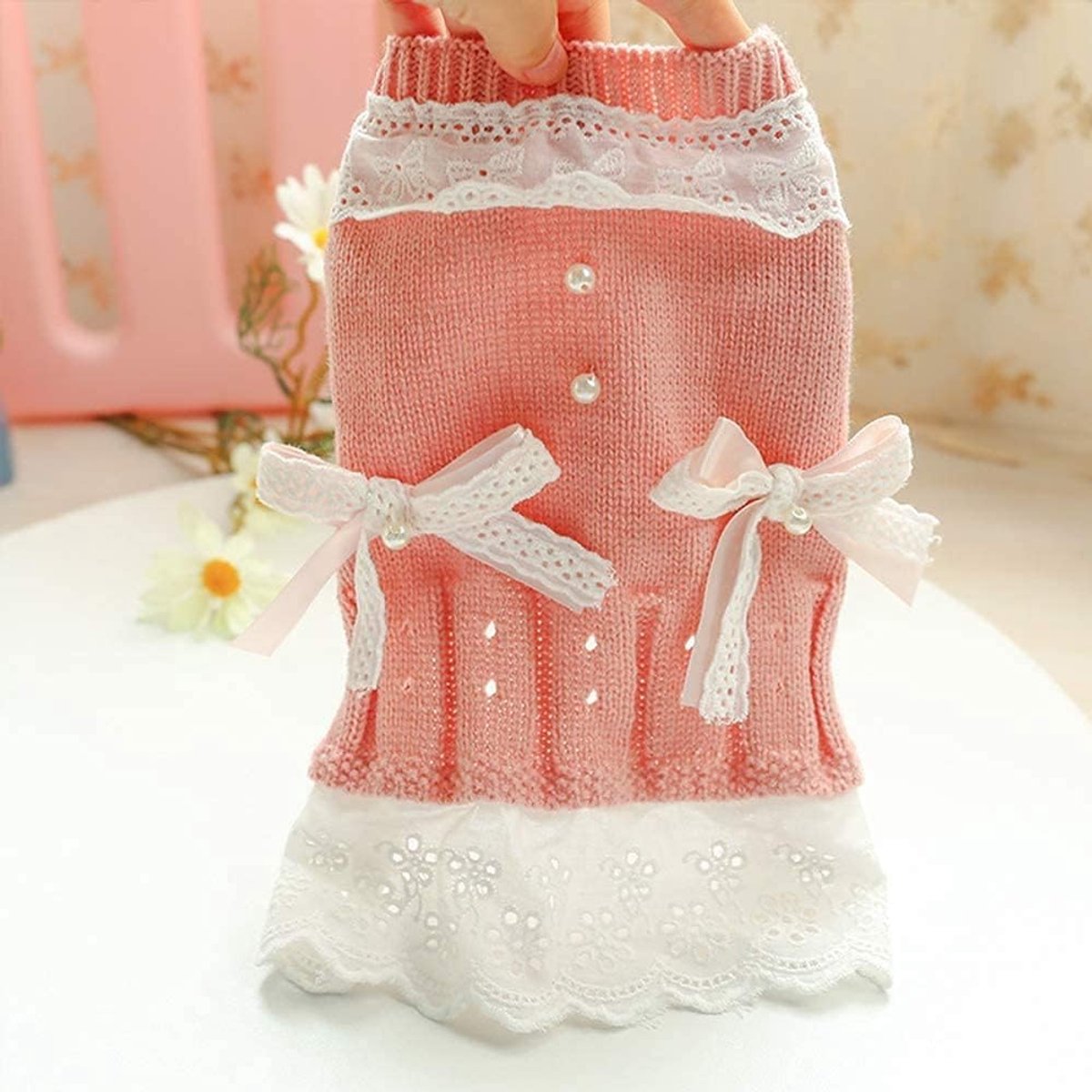 Dog Coat - Dog Sweater - Sweater Dress for Small Dogs - Female Dress with Bow - Pink and Blue Warm for Winter - Princess Lace - Birthdays - Valentine's Day - Pink Medium - Christmas Decorations - Christmas - Size XL