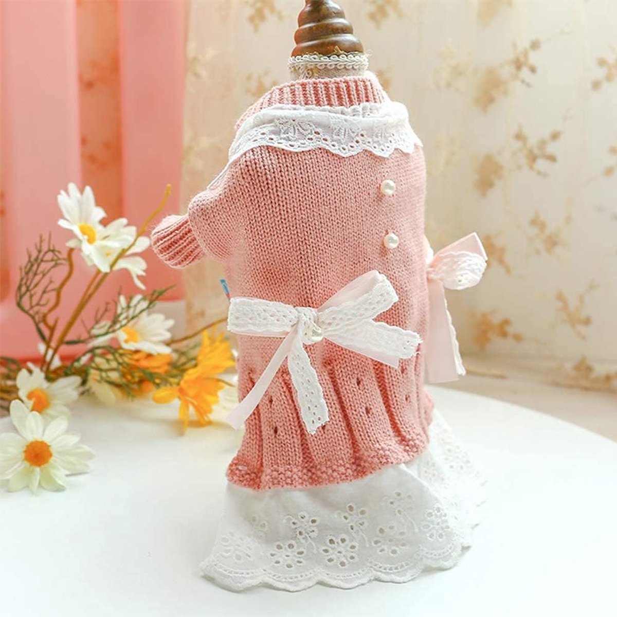 Dog Coat - Dog Sweater - Sweater Dress for Small Dogs - Female Dress with Bow - Pink and Blue Warm for Winter - Princess Lace - Birthdays - Valentine's Day - Pink Medium - Christmas Decorations - Christmas - Size L
