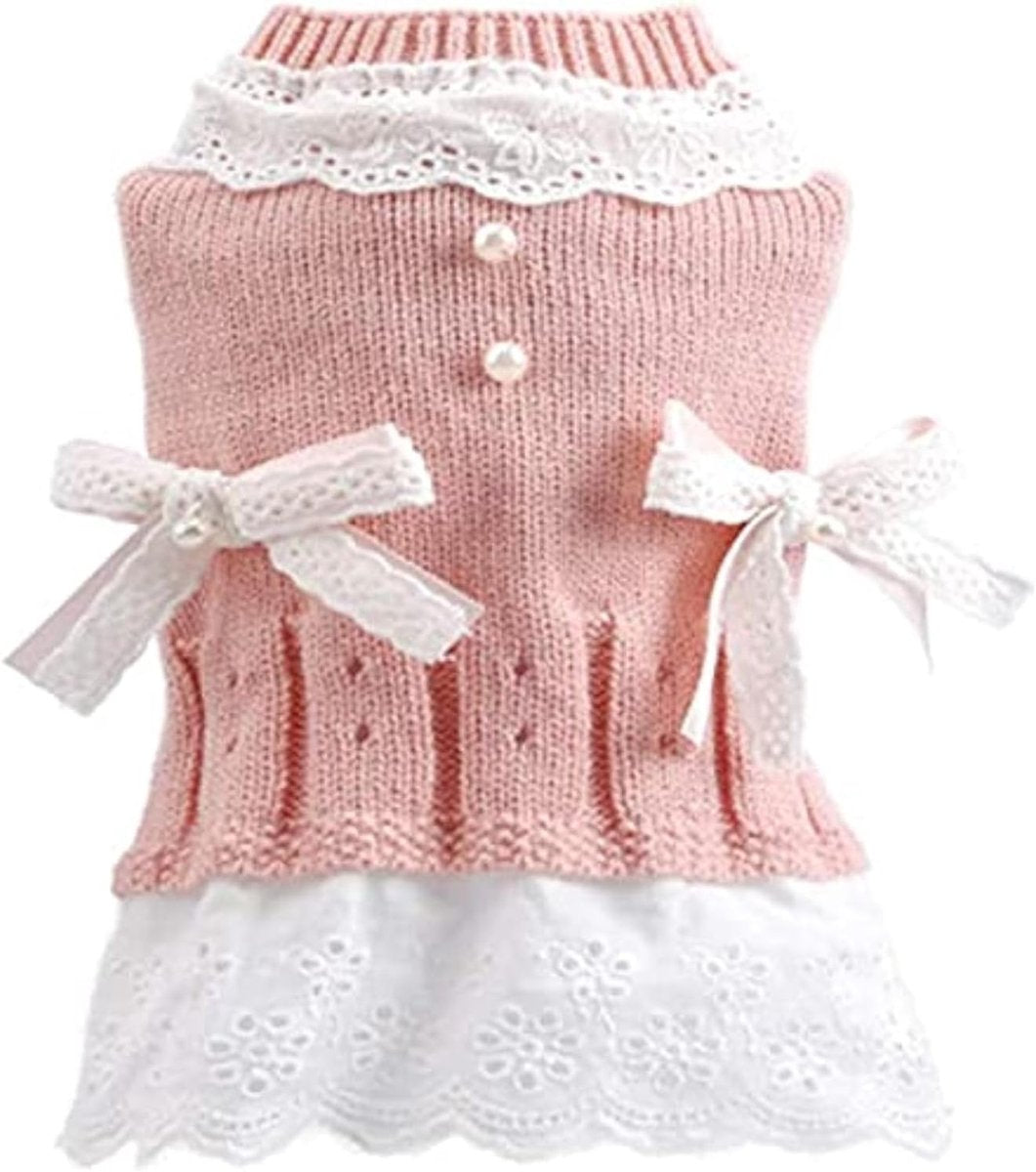 Dog Coat - Dog Sweater - Sweater Dress for Small Dogs - Female Dress with Bow - Pink and Blue Warm for Winter - Princess Lace - Birthdays - Valentine's Day - Pink Medium - Christmas Decorations - Christmas - Size M