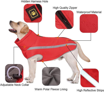 Dog Coat - Waterproof and Warm for Winter - Warm Dog Jacket - Windproof Fleece for Puppies - Reflective Outerwear - Cold Weather Vest - Perfect for Small, Medium, and Large Dogs - Red - Size 4XL