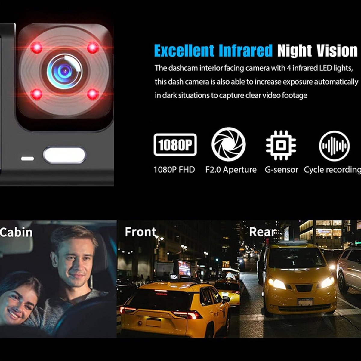Dashcam - Dual lens 1080p - HD video recorder, wide viewing angle - Loop recording - For safety while driving, parking and traveling
